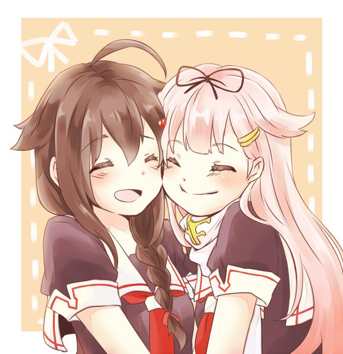2girls, :d, ^_^, ahoge, black_ribbon, black_serafuku, blonde_hair, braid