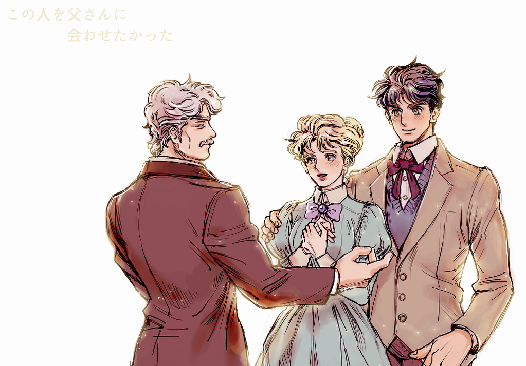 1girl, 2boys, adachi_(ioioi), beard, blonde_hair, blue_hair, erina_pendleton, facial_hair