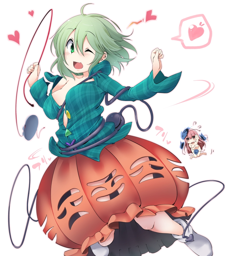 2girls, ;d, ahoge, aki_(akikaze_asparagus), blush, breasts, bubble_skirt, cosplay
