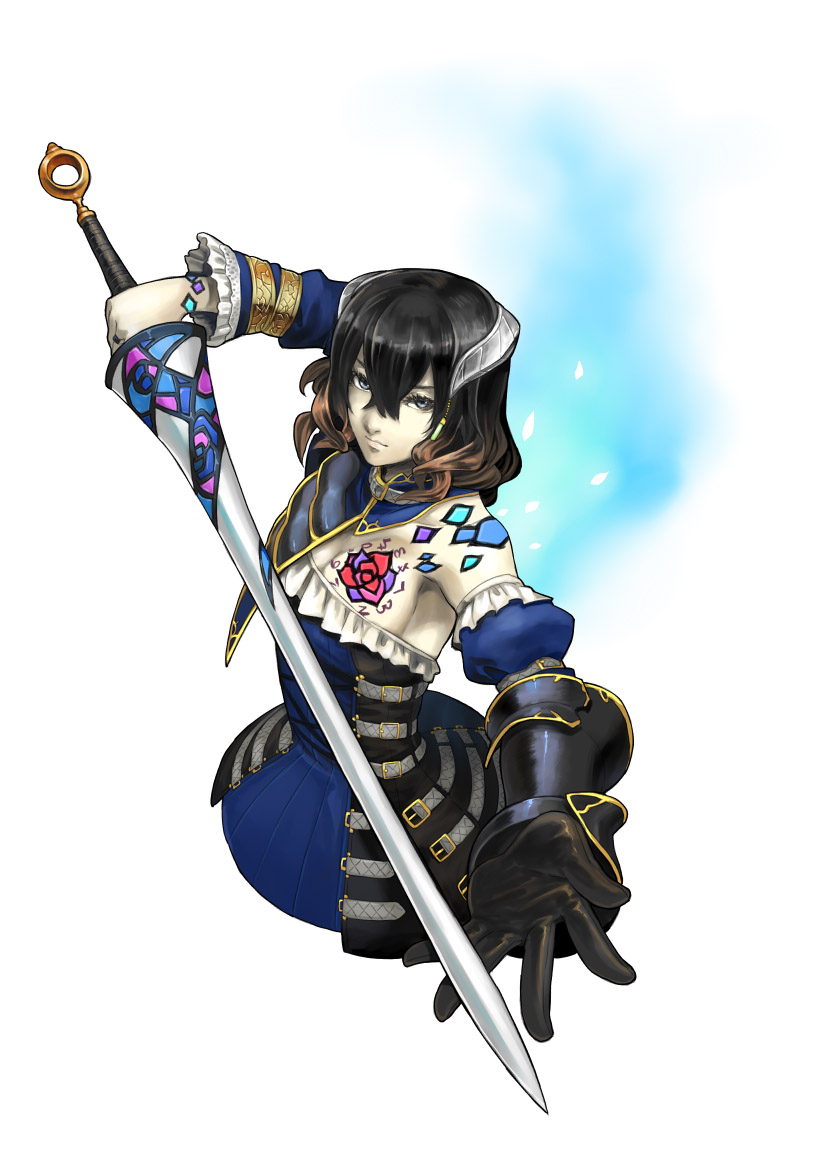 1girl, black_hair, bloodstained:_ritual_of_the_night, blue_eyes, brown_hair, concept_art, detached_sleeves, gauntlets