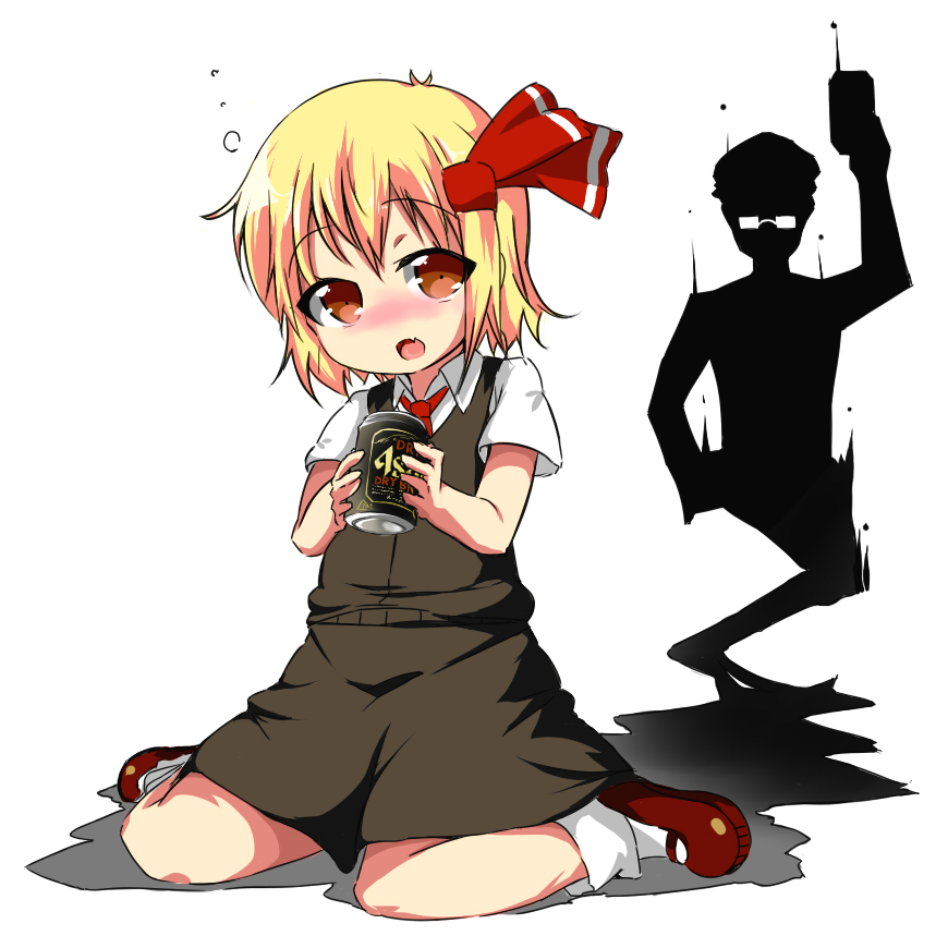 1girl, blonde_hair, can, darkness, fang, glasses, hair_ribbon, mizohana_(orb-01)