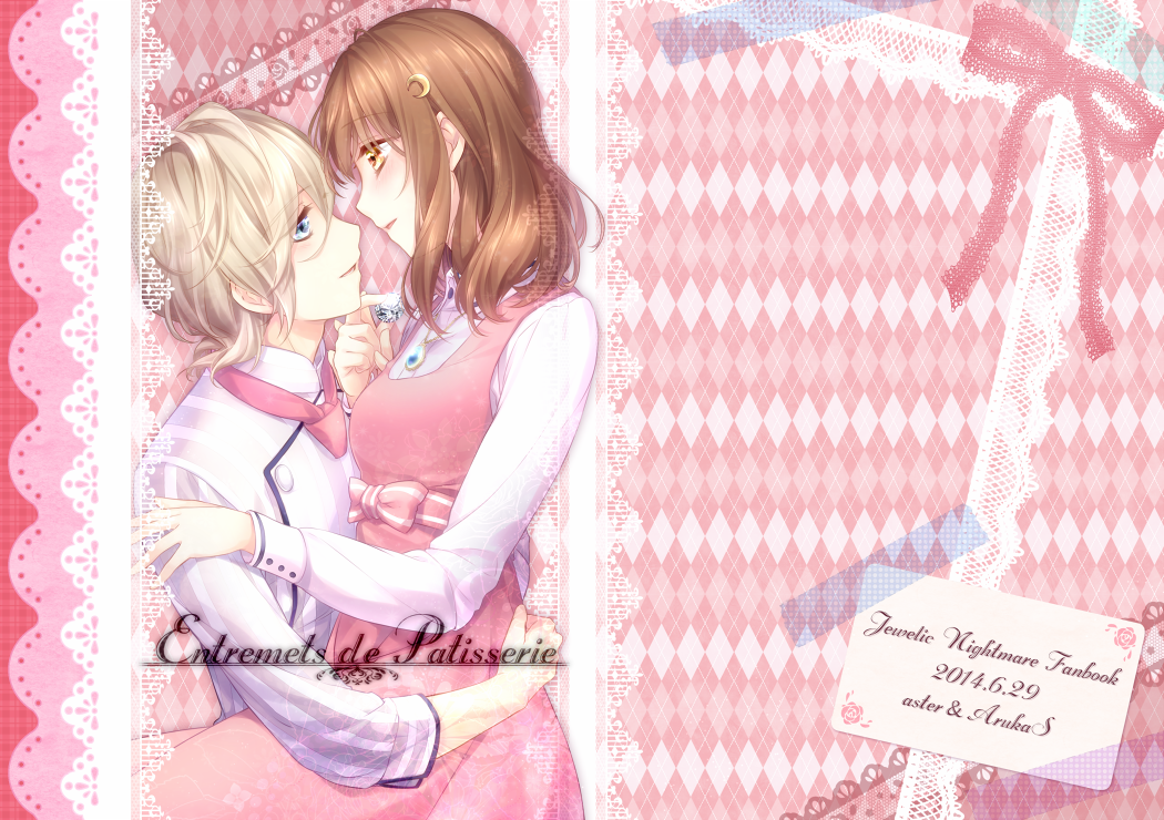 1boy, 1girl, 2014, argyle, argyle_background, blonde_hair, blue_eyes, bow