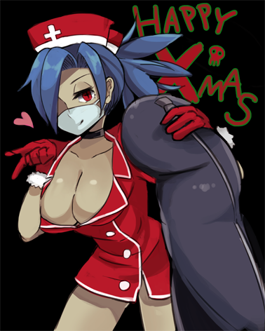 1girl, blue_hair, body_bag, breasts, choker, christmas, cleavage, large_breasts