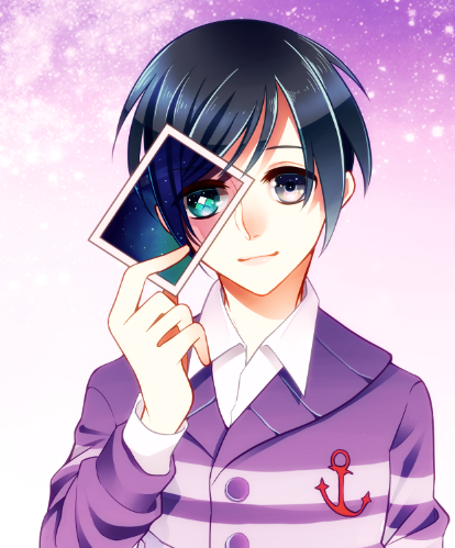 1boy, anchor_symbol, aqua_eyes, black_hair, diamond-shaped_pupils, gradient, gradient_background, grey_eyes