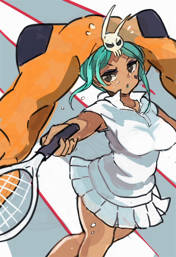 1girl, aqua_hair, aqua_lipstick, black_eyes, cerebella_(skullgirls), dark_skin, eyeshadow, hat