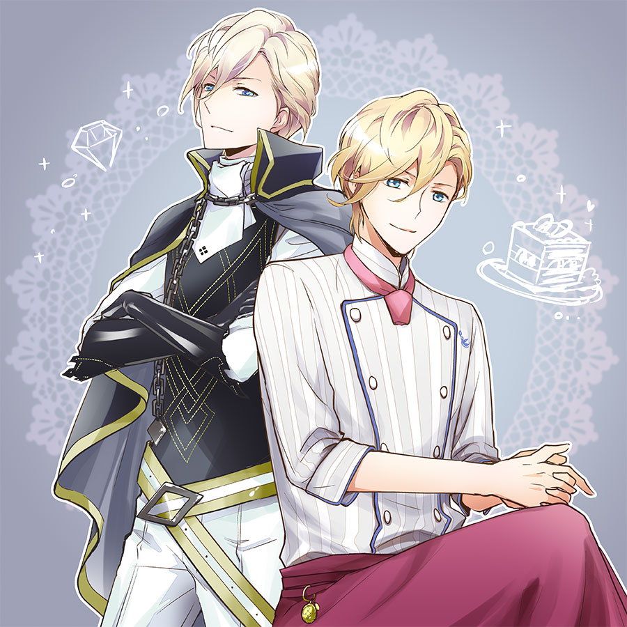 2boys, adamas_(jewelic_nightmare), black_gloves, blonde_hair, blue_eyes, cake, cape, chain