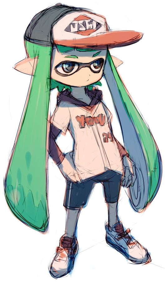 1girl, alchera, baseball_cap, baseball_uniform, full_body, green_eyes, green_hair, hat, inkling, long_hair, mask, payot, shoes, short_sleeves, shorts, simple_background, sneakers, solo, splatoon, sportswear, tentacle_hair, white_background