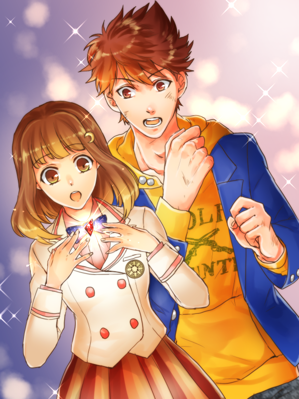 1boy, 1girl, :o, blazer, brown_eyes, brown_hair, crescent_hair_ornament, gem