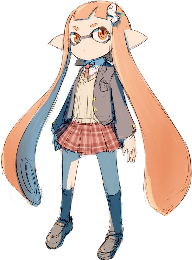 1girl, alchera, collared_shirt, full_body, hair_ornament, hairpin, inkling, loafers, long_hair, long_sleeves, looking_away, mask, necktie, orange_eyes, orange_hair, plaid, plaid_skirt, pointy_ears, school_uniform, shirt, shoes, simple_background, skirt, solo, splatoon, sweater_vest, tentacle_hair, white_background