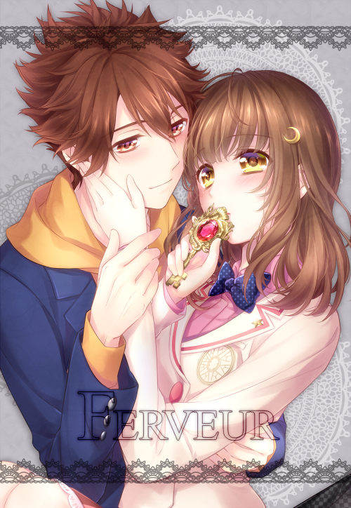 1boy, 1girl, blazer, blue_bow, bow, brown_eyes, brown_hair, couple
