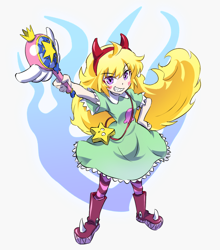 ahoge, blonde_hair, boots, cosplay, crossover, devil_horns, dress, grin, long_hair, pantyhose, rwby, smile, star_butterfly, star_butterfly_(cosplay), star_vs_the_forces_of_evil, violet_eyes, wand, yang_xiao_long