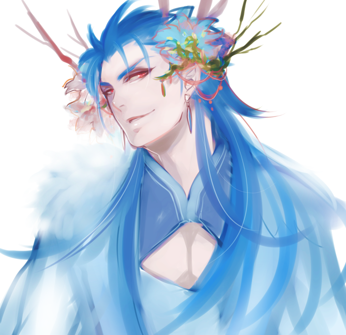1boy, blue_hair, cape, earrings, fate/stay_night, fate_(series), flower, hair_down, hair_flower, hair_ornament, jewelry, jun_(ash), lancer, long_hair, red_eyes, solo