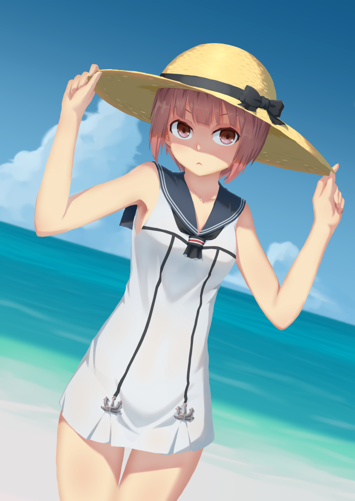 1girl, :<, adapted_costume, bangs, bare_legs, bare_shoulders, beach, blue_sky