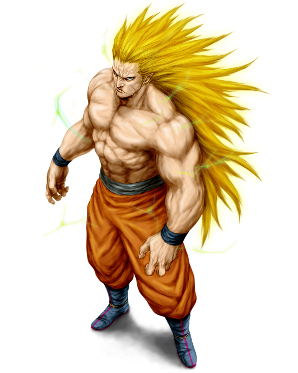 abs, blue_eyes, boots, dragon_ball, dragon_ball_z, electricity, from_above, highres