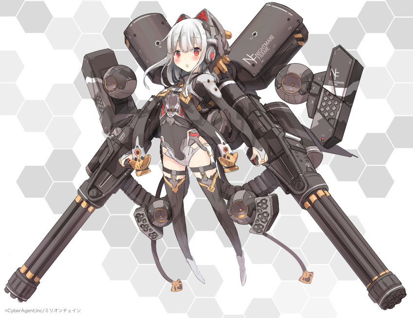 1girl, blush, dual_wielding, english, gun, hair_ornament, highres, looking_at_viewer