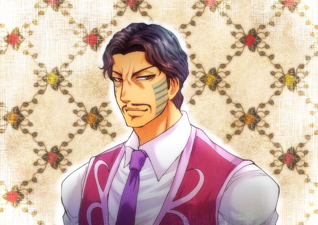black_hair, daniel_d'arby, facial_hair, floral_background, jojo_no_kimyou_na_bouken, mustache, necktie, outline