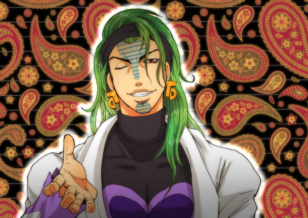 ;), earrings, floral_background, green_hair, grin, hair_down, headband, jewelry, jojo_no_kimyou_na_bouken, long_hair, long_sleeves, looking_at_viewer, one_eye_closed, outline, outstretched_hand, paisley, red_eyes, smile, tanakaoften, tattoo, terence_trent_d'arby, turtleneck, upper_body