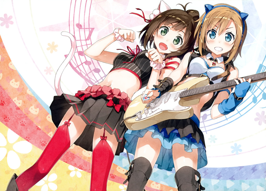 2girls, :d, absurdres, animal_ears, bare_shoulders, bell, black_boots, black_hair, blue_eyes, blush, boots, bow, brown_hair, cat_ears, cat_tail, clenched_teeth, collar, detached_collar, duplicate, electric_guitar, fang, garter_straps, green_eyes, guitar, hairband, headphones, highres, holding, idolmaster, idolmaster_cinderella_girls, instrument, jewelry, kantoku, looking_at_viewer, maekawa_miku, midriff, multiple_girls, musical_note, navel, necklace, open_mouth, over_the_collar, paw_pose, pleated_skirt, plectrum, ponytail, red_legwear, ribbon, scan, scrunchie, short_hair, skirt, smile, tada_riina, tail, thigh-highs, thigh_boots, zettai_ryouiki