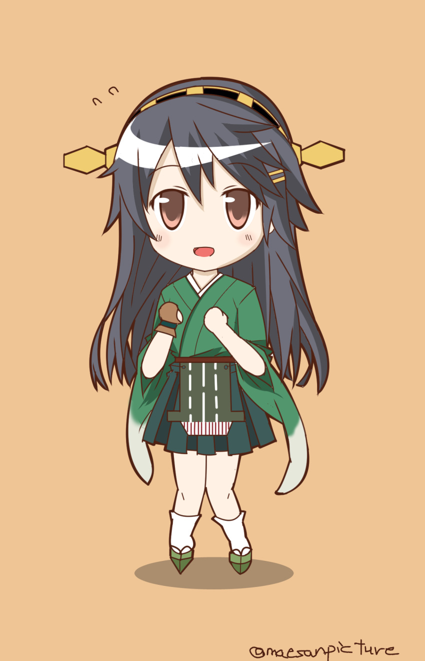 1girl, :d, black_hair, chibi, flying_sweatdrops, hakama_skirt, haruna_(kantai_collection), headgear