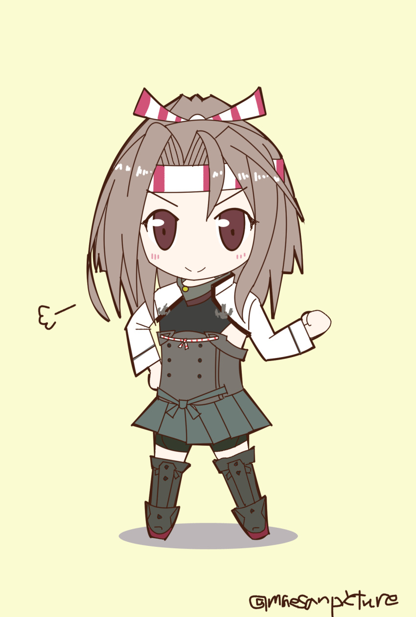 >:), 1girl, brown_eyes, brown_hair, chibi, hair_ribbon, headband, highres