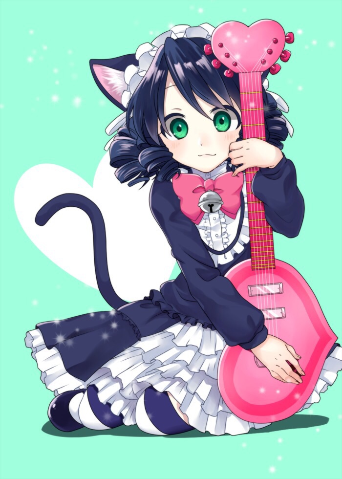 1girl, animal_ears, bell, blue_hair, blush, bowtie, cat_ears, cat_tail