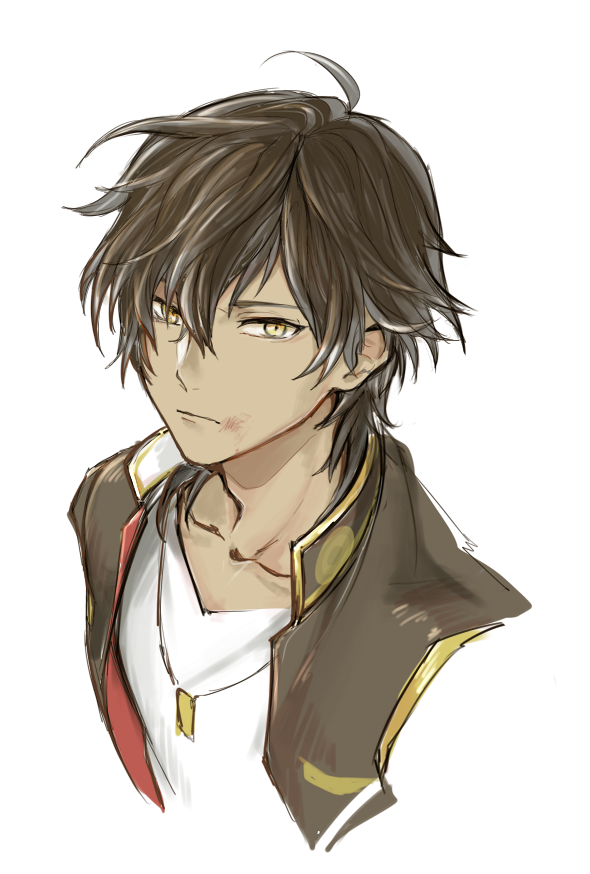 1boy, brown_hair, collarbone, face, ieiieiiei, jewelry, looking_at_viewer, male_focus, necklace, ookurikara, simple_background, solo, touken_ranbu, upper_body, white_background, yellow_eyes