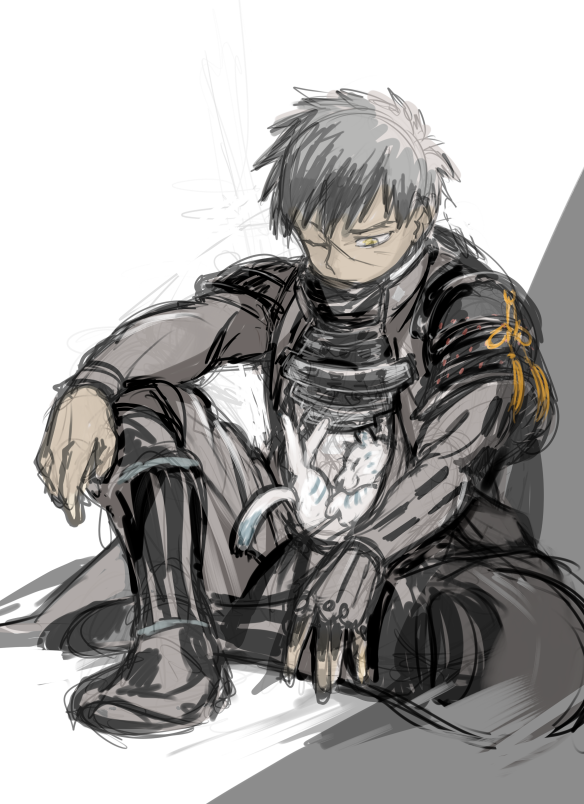 1boy, armor, doutanuki_masakuni, grey_hair, ieiieiiei, male_focus, scar, short_hair