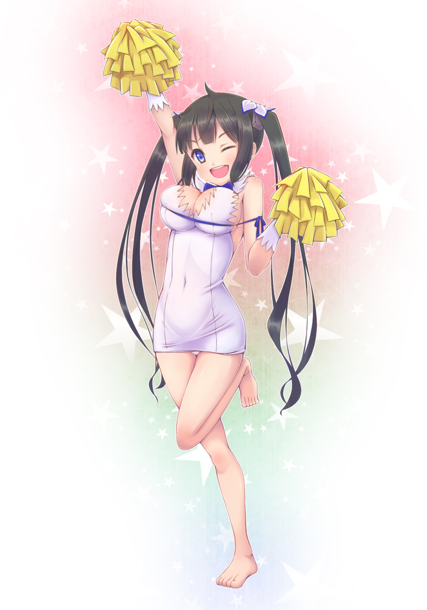 1girl, ;d, barefoot, black_hair, blue_eyes, breasts, cheerleader, cleavage