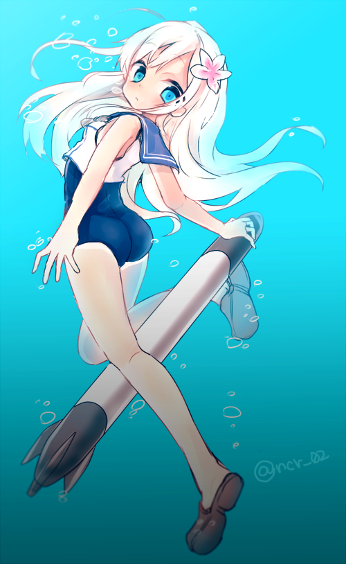 1girl, blonde_hair, blue_eyes, crop_top, flower, hair_flower, hair_ornament, kantai_collection