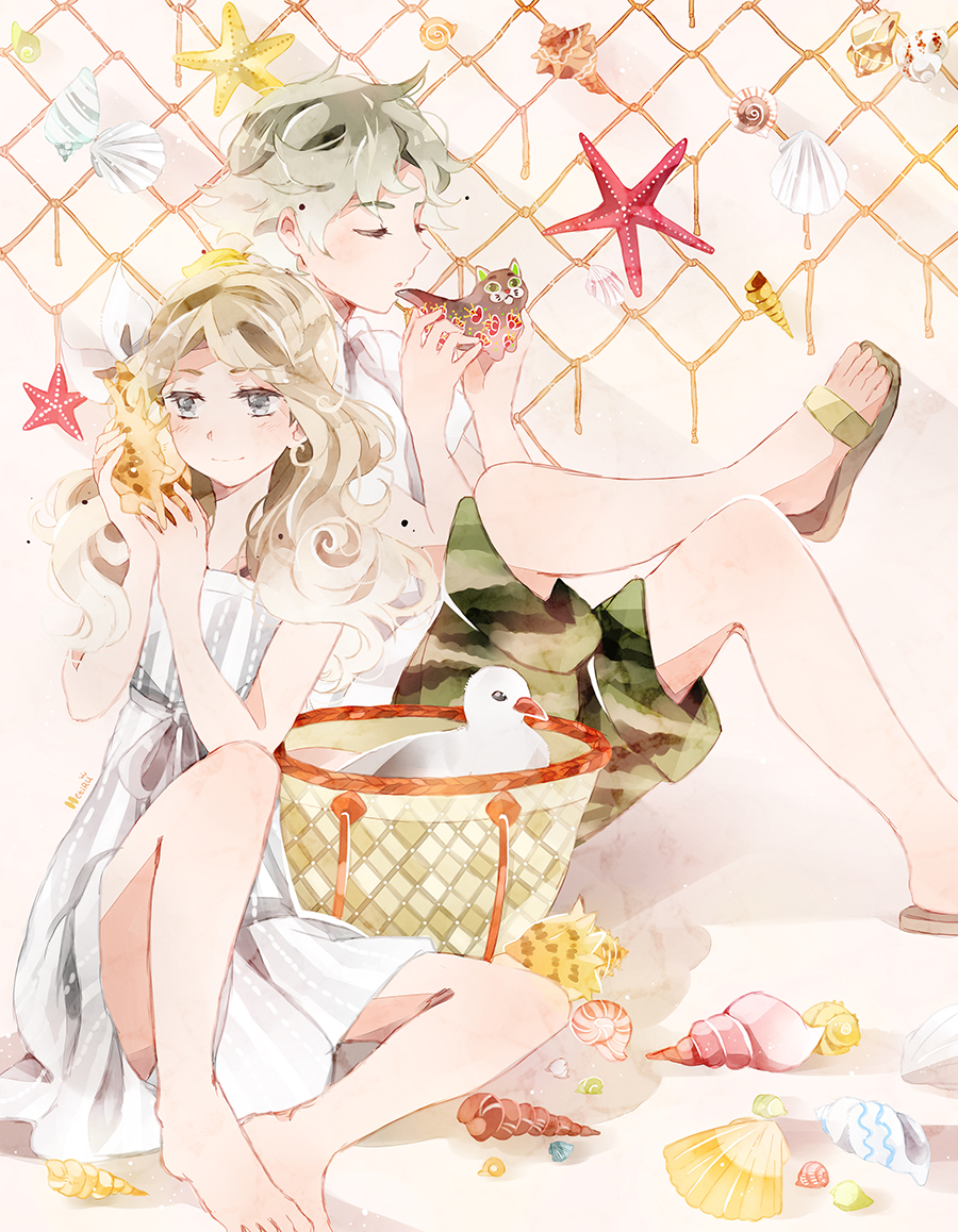 1boy, 1girl, barefoot, basket, bird, blue_eyes, brown_hair, camouflage