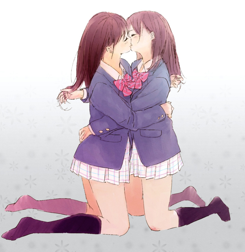 2girls, blazer, bow, brown_hair, closed_eyes, highres, kiss, kneehighs