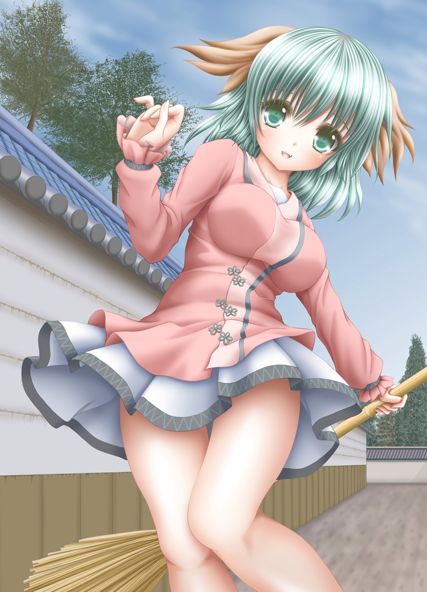 1girl, akino_irori, animal_ears, aqua_eyes, aqua_hair, bamboo_broom, blue_sky, breasts
