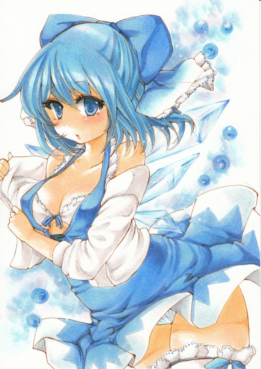 1girl, absurdres, adapted_costume, alternate_breast_size, bare_shoulders, blue_eyes, blue_hair, blush