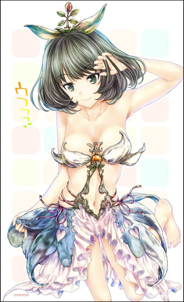1girl, bare_shoulders, blue_eyes, breasts, brown_hair, green_eyes, heterochromia, idolmaster
