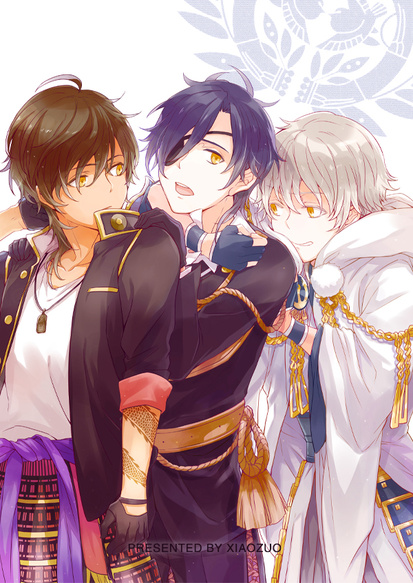 3boys, black_hair, brown_hair, dark_skin, dog_tags, eyepatch, gloves, hood