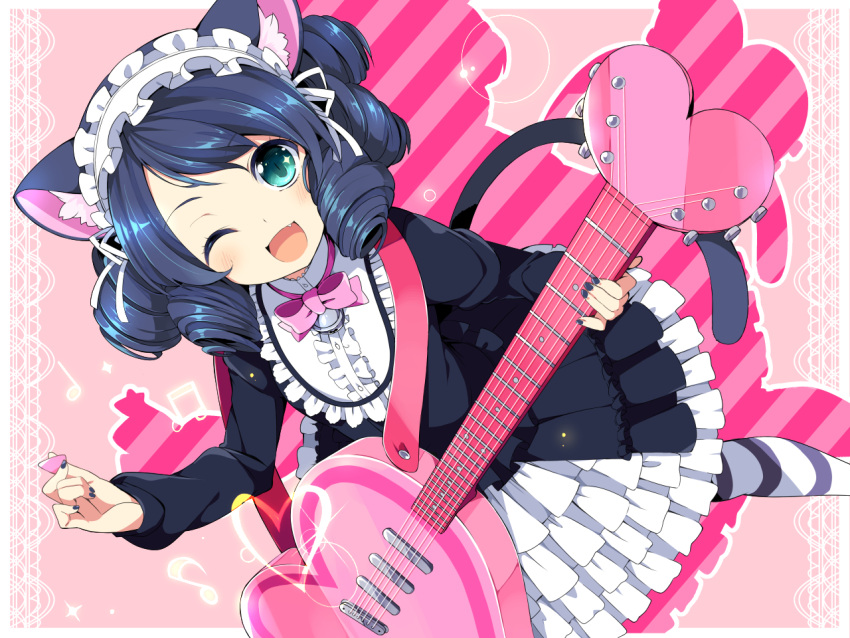 1girl, ;d, animal_ears, blue_hair, bowtie, cat_ears, cat_tail, curly_hair