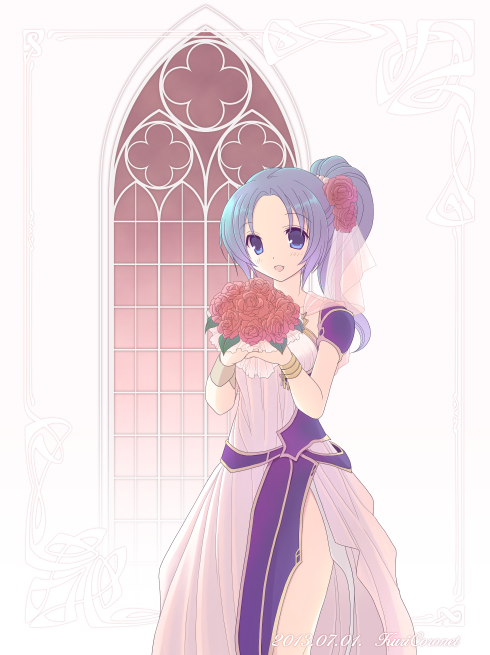 1girl, 2013, :d, artist_name, blue_eyes, blue_hair, bouquet, dated