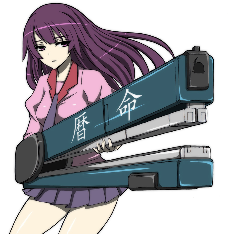blue_eyes, long_hair, miniskirt, monogatari_(series), necktie, purple_eyes, purple_hair, school_uniform