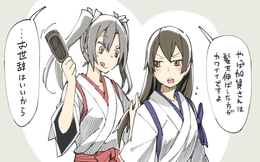 2girls, brown_eyes, brown_hair, brush, comic, flying_sweatdrops, grey_hair, hair_brush