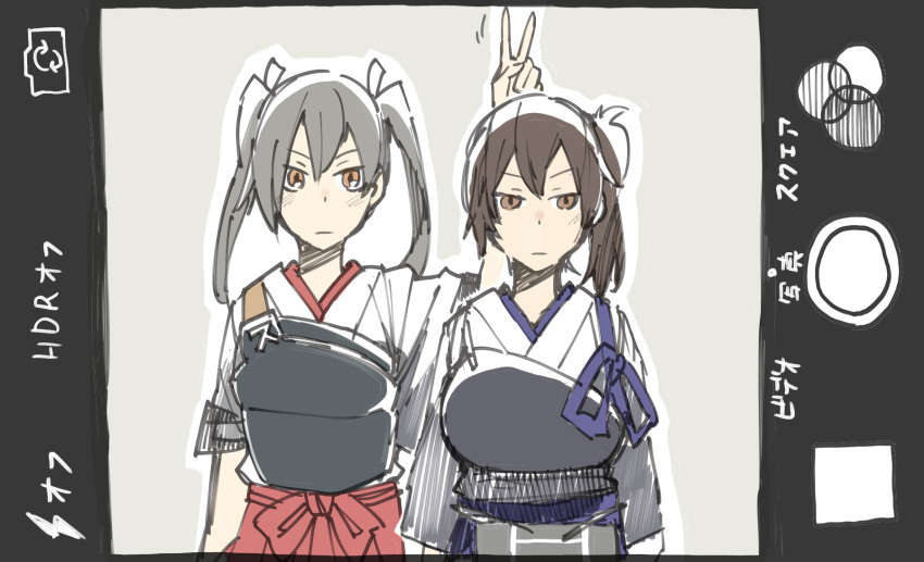 2girls, blue_skirt, brown_eyes, brown_hair, comic, grey_hair, hair_ribbon, highres