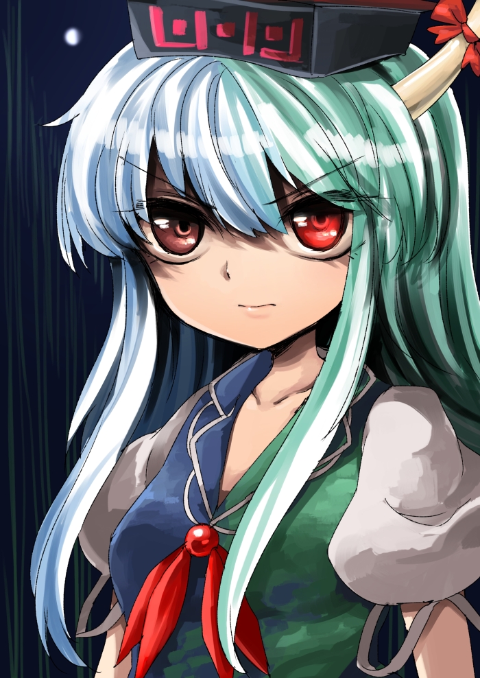 1girl, asymmetry, brown_eyes, ex-keine, green_hair, harusame_(unmei_no_ikasumi), hat, horn