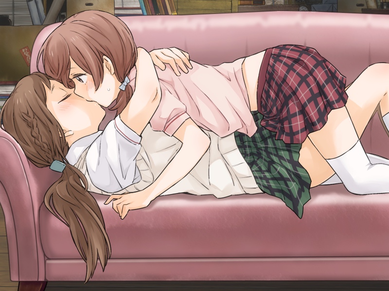 2girls, blush, game_cg, hug, kiss, lying_on_person, multiple_girls, okujou_no_yurirei-san