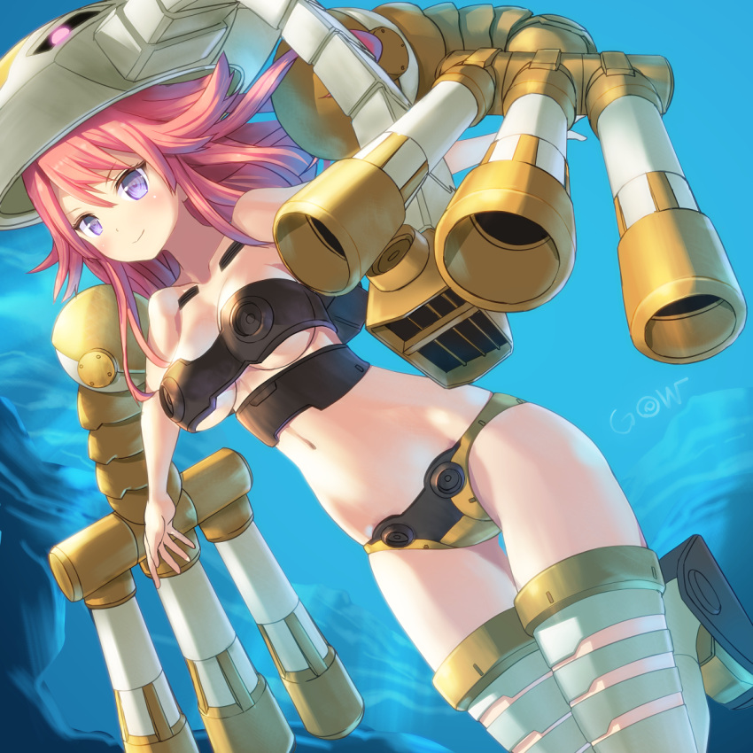 1girl, breasts, extra_arms, gundam, gundam_msv, highres, juaggu, leg_up, long_hair, looking_at_viewer, mecha_musume, midriff, navel, pink_hair, smile, solo, thigh-highs, tougetsu_gou, under_boob, violet_eyes