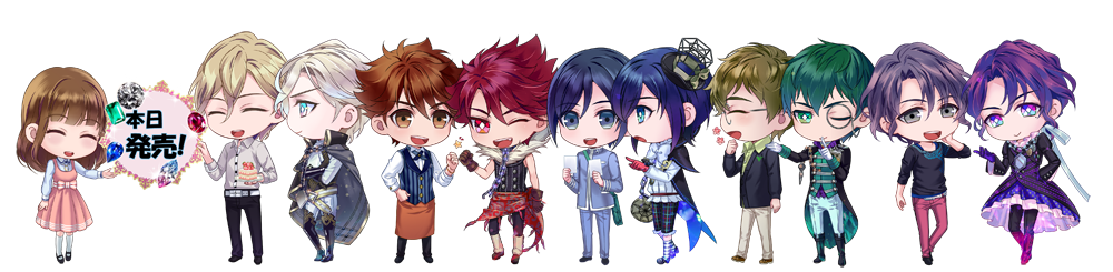 1girl, 6+boys, :d, ;d, adamas_(jewelic_nightmare), alen_(jewelic_nightmare), apron, ayase_nanami, black_boots, black_gloves, black_hair, blonde_hair, blue_hair, boots, bow, brown_eyes, brown_gloves, brown_hair, cake, cape, chibi, closed_eyes, coat, diamond-shaped_pupils, dress, dual_persona, emer_(jewelic_nightmare), everyone, finger_to_mouth, fist_bump, food, gem, glasses, gloves, green_eyes, green_hair, grey_eyes, grey_hair, hat, jewelic_nightmare, monocle, multiple_boys, official_art, one_eye_closed, open_mouth, pants, pink_bow, pink_dress, purple_hair, red_boots, red_eyes, red_gloves, redhead, ru_(jewelic_nightmare), saphy_(jewelic_nightmare), sensui_takuma, shirt, short_hair, smile, standing, sumeragi_seiichirou, sumihara_aoshi, symbol-shaped_pupils, thigh-highs, thigh_boots, togari_kou, tsukishiro_michiru, uniform, violet_eyes, waiter, white_background, white_bow, white_gloves, white_hair, yamamoto_kana