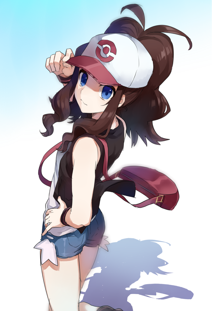 1girl, :3, ass, azusa_(sarie303030), baseball_cap, blue_eyes, brown_hair, denim