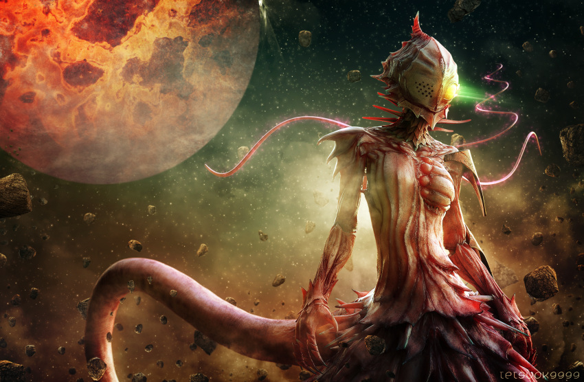 1girl, 3d, alien, artist_name, asteroid, debris, dust, dust_cloud