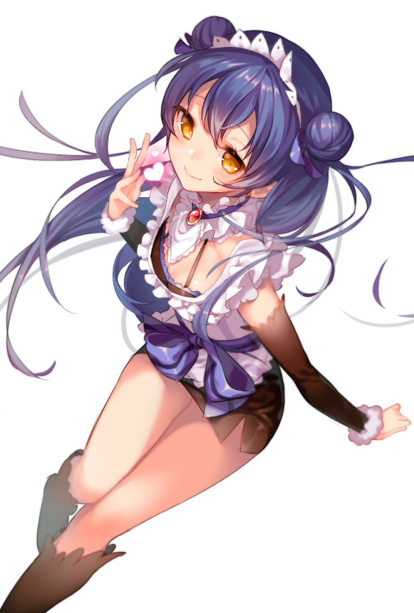 1girl, black_hair, double_bun, fur_trim, heart, long_hair, love_live!_school_idol_project, maid_headdress