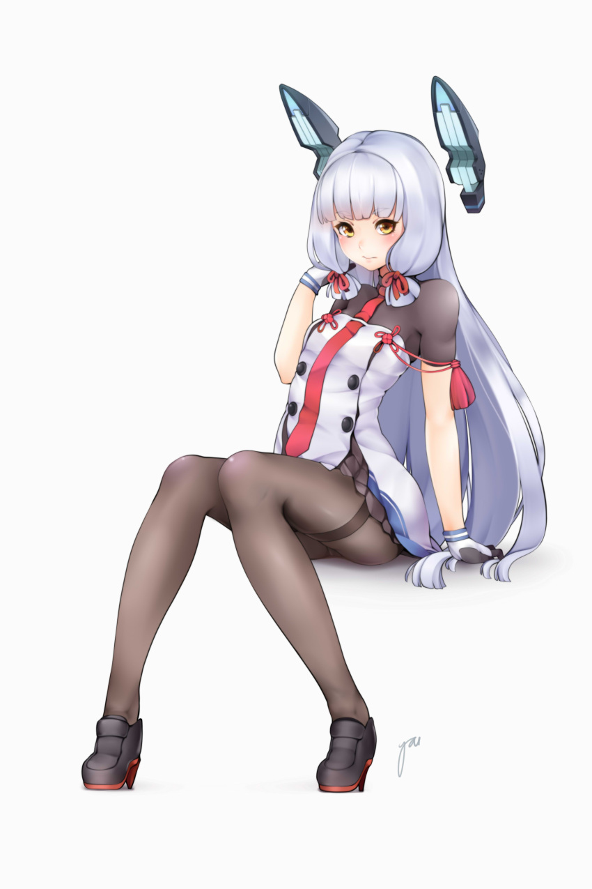1girl, absurdres, bangs, black_legwear, blunt_bangs, blush, full_body, gloves, hair_tousle, hand_in_hair, headgear, highres, kantai_collection, knees_together_feet_apart, linnkou, long_hair, looking_at_viewer, murakumo_(kantai_collection), necktie, orange_eyes, pantyhose, silver_hair, simple_background, sitting, solo, thighband_pantyhose, white_background