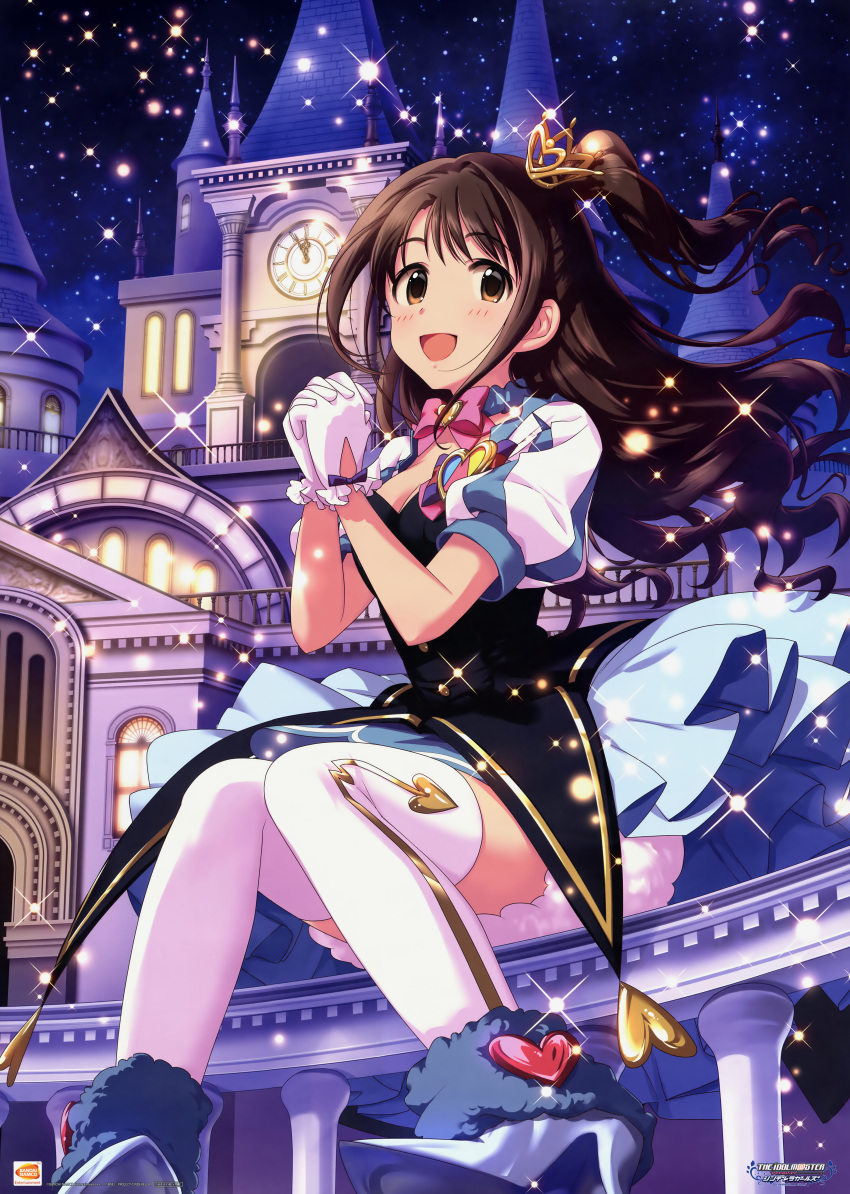 1girl, :d, absurdres, brown_eyes, brown_hair, crown, dress, gloves