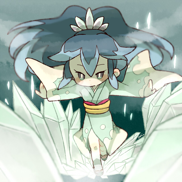 1girl, blue_hair, chiyoko_(oman1229), fubukihime, japanese_clothes, kimono, long_hair, multicolored_hair, sandals, solo, two-tone_hair, youkai, youkai_watch